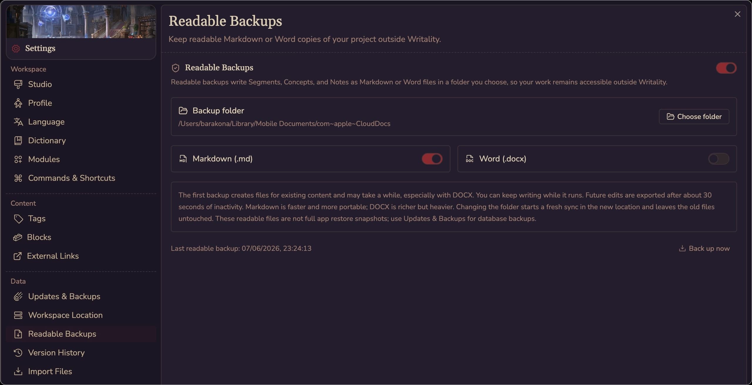 Writality readable backups interface