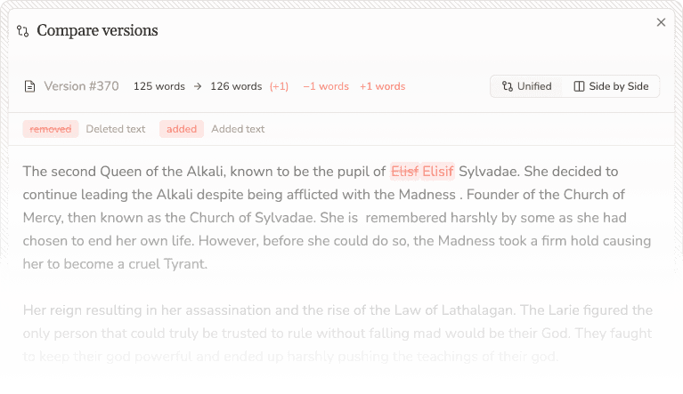 Writality version history interface